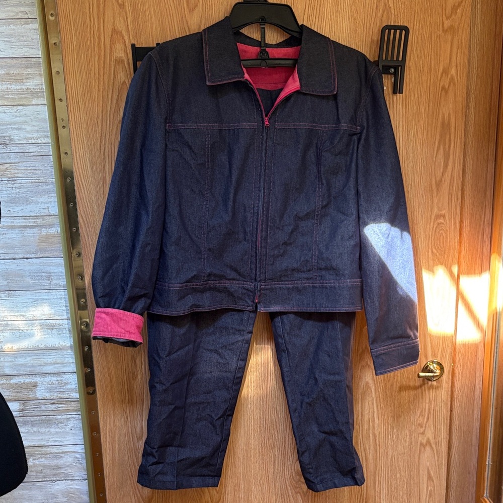 Women's Denim 2 piece Pantsuit with Pink Accents